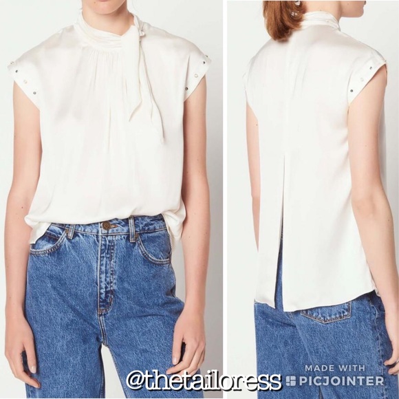 Sandro Courbe Satin Studded Back slit Top Ecru - Picture 1 of 16